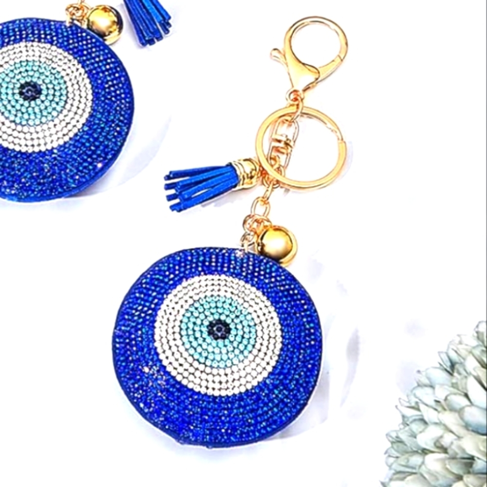 GOLD SEQUIN EVIL EYE CIRCLE PURSE CHARM / KEY FOB 5 IN